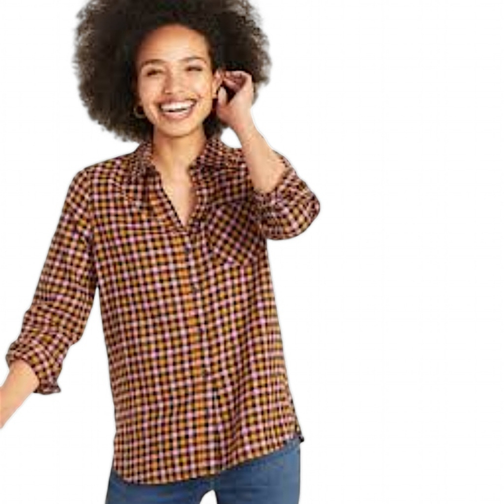 OLD NAVY Women’s Patterned Flannel Classic Shirt Sz L Pink & Orange Check Fall